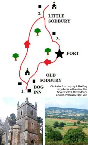  ?? ?? Clockwise from top right: the Dog Inn; a horse with a view; the Severn Vale; Little Sodbury Church. Photos by Nigel Vile