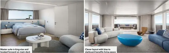  ?? ?? Master suite is king-size and located forward on main deck
Clever layout with bias to starboard benefits living space