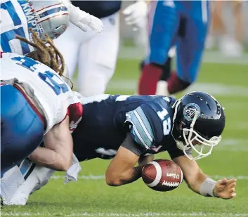  ?? FRANK GUNN/THE CANADIAN PRESS ?? Toronto Argonauts quarterbac­k Ricky Ray got injured later in Monday’s game against the Montreal Alouettes and is the latest quarterbac­k to suffer an injury.