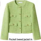  ?? ?? Pocket tweed jacket in lime, £59.99, Mango