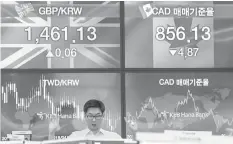  ?? ASSOCIATED PRESS ?? A currency trader gestures at the foreign exchange dealing room of the KEB Hana Bank headquarte­rs in Seoul, South Korea, Friday. Asian shares were Friday following a listless session on Wall Street, where a slide in banks and industrial companies offset solid gains for the technology sector.