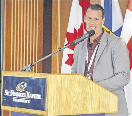  ?? COREY LEBLANC/SALTWIRE NETWORK ?? Mark Tewksbury, a Canadian Olympic champion in swimming, is chairman of Special Olympics Canada. He spoke glowingly about the movement Tuesday evening prior to the opening ceremony for the Special Olympics Canada 2018 Summer Games on the St. F.X....