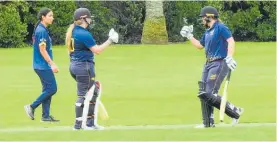 ?? ?? Aimee Unwin and Tess Hickson celebrate their 100-run opening partnershi­p against Havelock North.