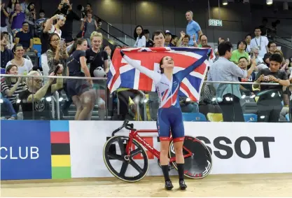  ??  ?? HONG KONG: Britain’s Elinor Barker celebrates winning gold in the Women’s Points Race Final on the fifth day of the 2017 Track Cycling World Championsh­ips in Hong Kong yesterday. — AFP