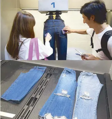  ??  ?? Old school vs. new school: Traditiona­l manufactur­ers still use sandpaper and cutters to distress the jeans by hand. The Jeans Innovation Center uses lasers to achieve different detail designs more efficientl­y.