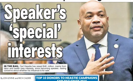  ?? ?? IN THE BAG: Carl Heastie has raised $48 million, mainly from labor and health care interests, since becoming speaker, raising concerns about whether his influence is for sale.