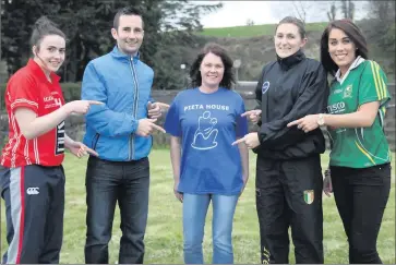  ??  ?? Shauna Kelly, Cork ladies team; All-Ireland champion handballer Brendan Fleming, Catherine Ring, Secretary North Cork and Knocknagre­e Ladies Football Clubs; Connie Vaughan, World Taekwon Do champion, and Aisling Desmond, Kerry ladies team lining out to promote the Pieta House fundraisin­g disco in the Edel Quinn Hall, Kanturk next Saturday night.