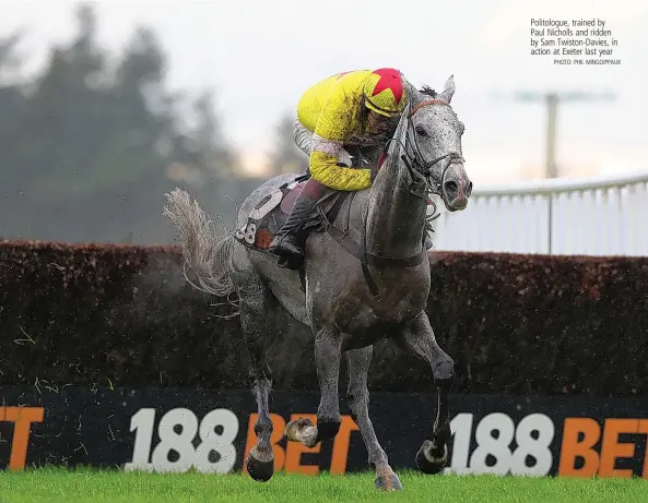  ?? PHOTO: PHIL MINGO/PPAUK ?? Politologu­e, trained by Paul Nicholls and ridden by Sam Twiston-Davies, in action at Exeter last year