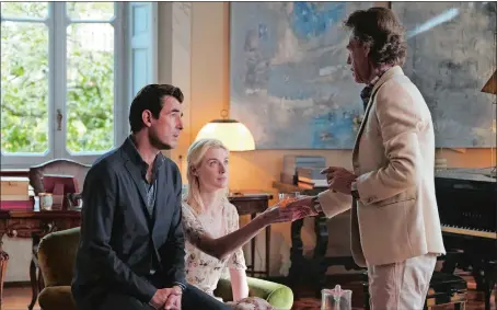  ?? JOSE HARO/SONY PICTURES CLASSICS VIA AP ?? This image released by Sony Pictures Classics shows Mick Jagger, right, with Elizabeth Debicki and Claes Bang, left, in a scene from the film, “The Burnt Orange Heresy.”