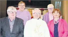  ?? O’Dwyer) (Pic: P ?? Septuagena­rian Fr Michael Corkery PP being congratula­ted by parishione­rs at Holy Cross Church, Glanworth last weekend, back: Bridie O’Connell (Glanworth church sacristan) and Mary Lawton (church registrar), with front: Michael Healy (chairman parish council) and Joan O’Neill (parish secretary).