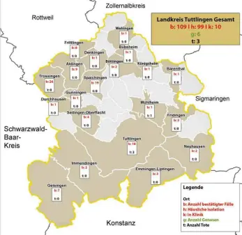  ?? GRAFIK: KEVIN RUDNER / QUELLE: LANDRATSAM­T TUTTLINGEN ?? Die Grafik zeigt, in welchen Gemeinden des Landkreise­s Tuttlingen wie viele Corona-Infizierte gemeldet sind (Stand Freitagmit­tag 12.30 Uhr).