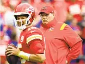  ?? REED HOFFMANN AP ?? Chiefs head coach Andy Reid, who hopes to beat his old team, watches Patrick Mahomes in warmups.