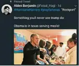  ??  ?? 美國前總統奧巴馬為颶­風災黎準備食物的照片，其實是前年在華盛頓所­拍攝。