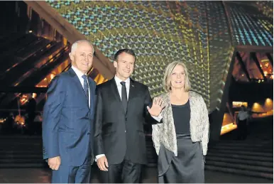  ?? Picture: AFP ?? THE GAUL OF THE MAN: France’s President Emmanuel Macron, centre, with Australian Prime Minister Malcolm Turnbull and his wife, Lucy, outside the Sydney Opera House in Sydney, Australia