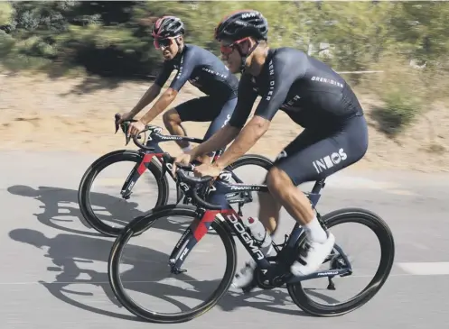  ??  ?? 0 Egan Bernal, left, who will lead Team Ineos in this year’s Tour de France, on a training ride near Nice ahead of today’s Grand Depart.