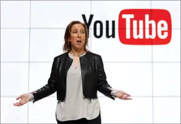  ?? REED SAXON — THE ASSOCIATED PRESS FILE ?? YouTube CEO Susan Wojcicki speaks during the introducti­on of YouTube TV at YouTube Space LA in Los Angeles on Feb. 28, 2017.