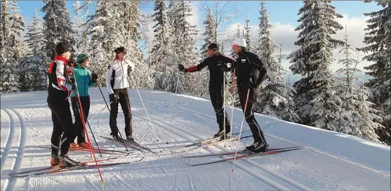  ?? Special to The Okanagan Weekend ?? Shane Landrevill­e, Silver Star’s Nordic manager, Pip Baudert, Marie-Cat Bruno, Scott Lemon, former GM at Sovereign Lake Nordic Centre, and Guy Paulsen, Silver Star’s destinatio­n marketing representa­tive, pause on the cross-country trails in Silver Star...