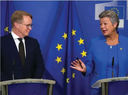  ?? ?? European Commission­er for Home Affairs, Ylva Johansson, right, and new Executive Director of the European Border and Coast Guard, FRONTEX, Hans Leijtens, left, address a media conference at EU headquarte­rs in Brussels, Thursday, January 19, 2023. Photo: AP/Virginia Mayo