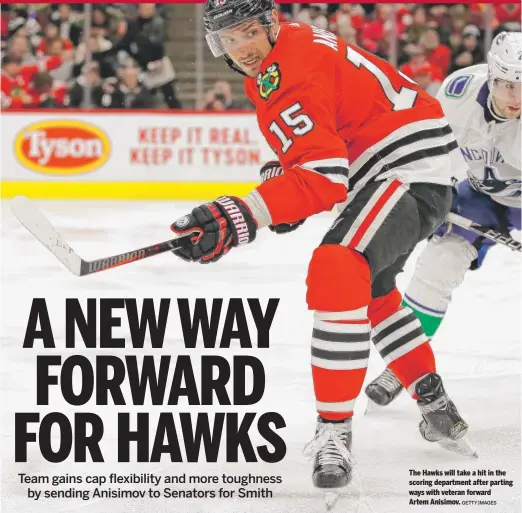  ?? GETTY IMAGES ?? The Hawks will take a hit in the scoring department after parting ways with veteran forward Artem Anisimov.