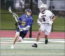  ?? PETE BANNAN- DAILY TIMES ?? Radnor’s Luciano Chadha, right, defends Downingtow­n East’s Bryson Kolinsky during the first half of Thursday’s District 1Class 3A final.