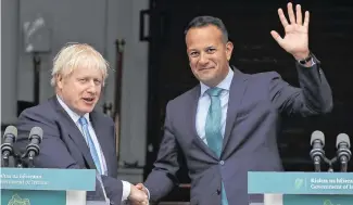 ?? PHOTO: COLLINS ?? On the verge: British Prime Minister Boris Johnson with Taoiseach Leo Varadkar during a visit to Dublin.