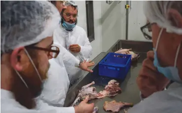  ?? (Zsolt Demecs/JTA) ?? RABBIS EXAMINE the production line at Quality Poultry KFT in Csengele, Hungary.