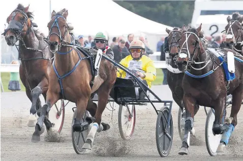  ?? Picture / Race Images ?? Ricky May (yellow) drives Enghien to victory in the Harness Jewels at Ashburton on Saturday.