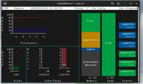  ?? ?? Use atop -B to bring up Atop in bar graph mode, which displays a graphical overview of the computer’s resource utilisatio­n.