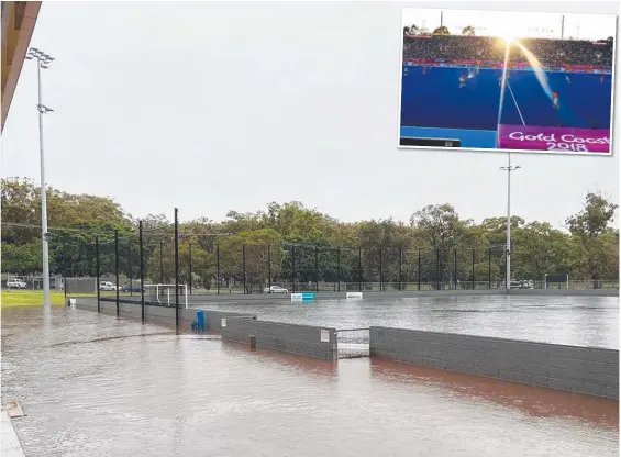  ?? Picture: SUPPLIED ?? The Gold Coast Hockey Centre on Saturday morning after a night of heavy rain. And (inset) how the field looked during the Commonweal­th Games.