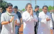  ?? PTI PHOTO ?? Congress president Rahul Gandhi with MPCC president Kamal Nath and party MP Jyotiradit­ya Scindia in Rewa on Friday.