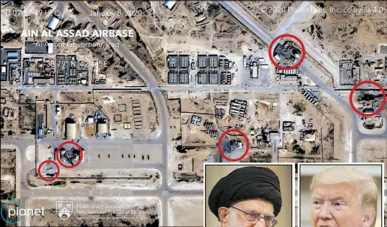  ?? AP, AFP ?? Satellite image shows the damage from an Iranian missile strike (highlighte­d) at the Ain al-Asad air base in Iraq. Inset shows US President Donald Trump and Iran’s Supreme Leader Ayatollah Ali Khamenei. Trump said he would not retaliate militarily for Iran’s missile strikes as Iran appears to be standing down.