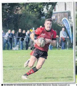  ?? MICHAEL TYRELLS ?? A study in concentrat­ion as Josh Kenyon finds himself in space against Anselmians
Out of my way! Season ever-present and captain Kevin Leadbetter shrugs off a West Park defender in the game at Red Rocks