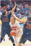  ?? JIM THOMPSON/JOURNAL ?? Eunice’s Harria Mendoza (14) looks for space between Tohatchi’s Samantha Belone (40) and Cheyenne Begay (30) Friday.