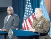  ?? ALEX BRANDON/AP ?? Pentagon chief Lloyd Austin, left, and Joint Chiefs Chairman Gen. Mark Milley talk to the media after a virtual meeting with defense leaders from around the world.