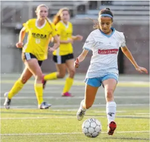  ?? STAFF PHOTO BY ERIN O. SMITH/TIMES FREE PRESS ?? Chattanoog­a FC’s Ruth Rosales dribbles the ball downfield during Sunday’s match against Peachtree City MOBA at Finley Stadium. CFC won 2-0.