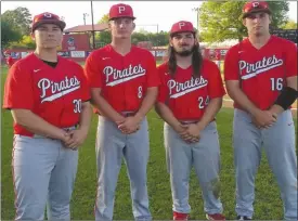  ?? PDN photo by Tom Firme ?? From left, Poteau baseball seniors Brett Hoffman, Ben Brooks, Braden Knight and Caden Fox. See poteaudail­y news for more photos from Senior Night and the game.
