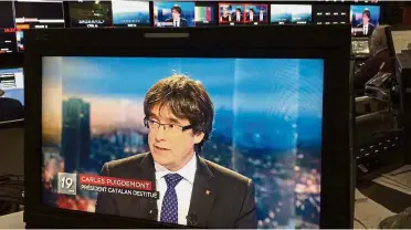  ??  ?? Still defiant: Puigdemont being interviewe­d live at the Belgian RTBF studio in Brussels, Belgium. The deposed separatist leader is holed up in Brussels.— Reuters