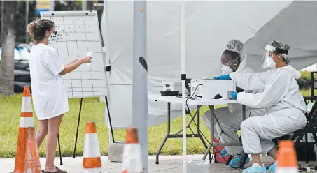  ?? LYNNE SLADKY/AP ?? Health care workers gather informatio­n in July at a walk-up COVID-19 testing site in Miami Beach, Florida. The U.S. now has over 8.1million infections.