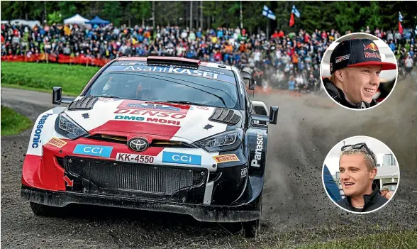  ?? PHOTOSPORT ?? World Rally Championsh­ip leader Kalle Rovanpera, inset top, will be cleaning the roads today for the cars that start the stages after him, while Gus Greensmith, inset bottom, could surprise by taking out Rally New Zealand.