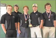  ?? Contribute­d photo ?? Model golfers Jonathan Bryan (from left), Kyle Dean, Cooper Parker, Grant Elliott and Cody Boazman pose with the Area 3-AA championsh­ip trophy at Fields Ferry Golf Club in Calhoun.
