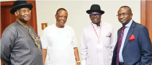  ?? Photo: Felix Onigbinde ?? From left: Former Minister Alabo Tonye Graham-Douglas; Capt Hosa Okunbo; Managing Director Niger Delta Developmen­t Company NDDC, Mr. Mene Derek and Chairman NDDC Senator Ndoma Egba during the meeting of Pan Niger Delta Forum with the Acting President...