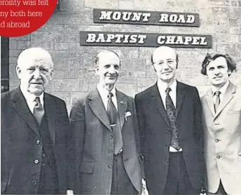  ??  ?? Dr Beardswort­h (far right) outside Mount Road Baptist Church in Hinckley, where he was an elder for many years. And pictured left with his wife Molly sat in their porch, two weeks before he died.