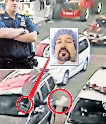  ??  ?? DRAMA: This is the moment Hector Meneses (inset top) allegedly threw a fake bomb into a police car early Wednesday. Sgt. Hameed Armani and Officer Peter Cybulski (top, from left) daringly evacuated the device, and hours later, a robot (left) helped nab the suspect.