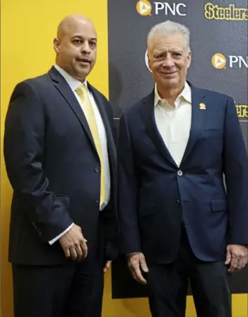  ?? Maya Giron/Post-Gazette ?? Omar Khan, left, and Steelers president Art Rooney II pose at a news conference Friday at team headquarte­rs on the South Side.