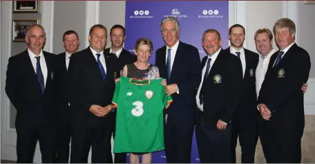  ??  ?? The Kerry Branch of the Irish Soccer Referee’s Society celebrated their 40th anniversar­y in the Rose Hotel Tralee on Saturday night September 9th. John Delaney CEO of the FAI attended and presented the Kerry branch with a signed Irish jersey.L/R: Owen...