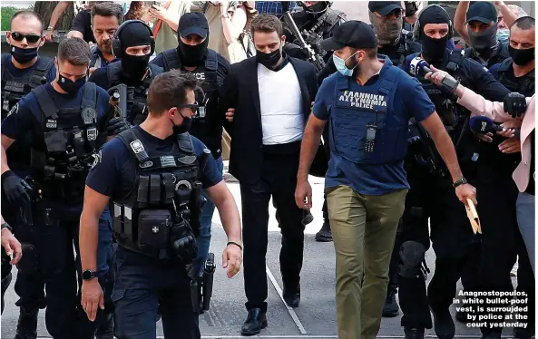  ?? Picture: ALKIS KONSTANTIN­IDIS/REUTERS ?? Anagnostop­oulos, in white bullet-poof vest, is surroujded by police at the court yesterday