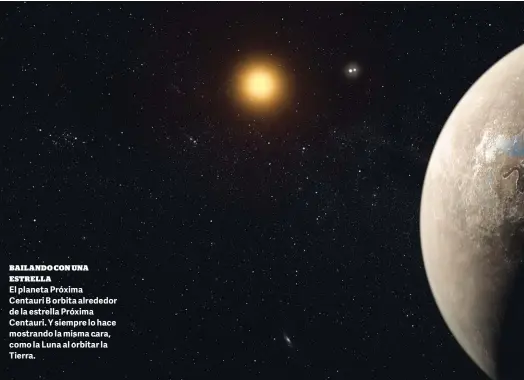  ??  ?? BAILANDO CON UNA ESTRELLA El planeta Próxima Centauri B orbita alrededor de la estrella Próxima Centauri. Y siempre lo hace mostrando la misma cara, como la Luna al orbitar la Tierra.