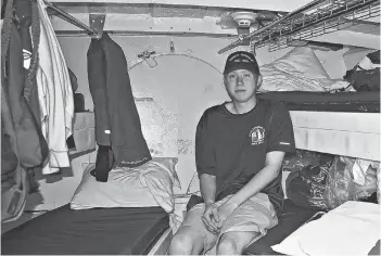  ?? DESIREE ANSTEY/JOURNAL PIONEER ?? Ordinary Seaman Dillan Jermey displays the condensed sleeping quarters for the sea cadets on the HMCS Oriole.