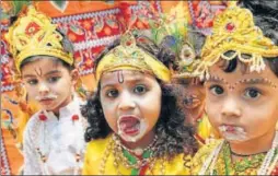  ?? PTI ?? School students dress up as Lord Krishna as part of Janmashtam­i celebratio­ns in Madhya Pradesh’s capital Bhopal on Monday.