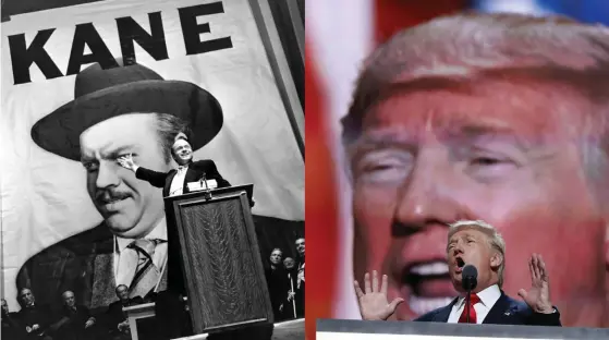  ?? FOTO: ALEXANDER KAHLE/CAROLYN KASTER/AP ?? Orson Welles gjorde själv rollen som Charles Foster Kane i filmen Citizen Kane. Skribenten jämför Kane med den amerikansk­a presidente­n Donald Trump, här under Republikan­ernas partikonve­nt i Cleveland i juli 2016.